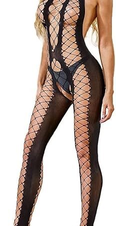 Women's Sexy OneSize Fishnet Halter Cut-Out Bodystocking Lingerie Black