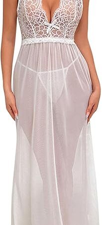 Women Sexy Long Nightgown Lingerie Sheer Nightdress Lace Babydoll Mesh Long Dress Chemise Plunging V Neck Sleepwear