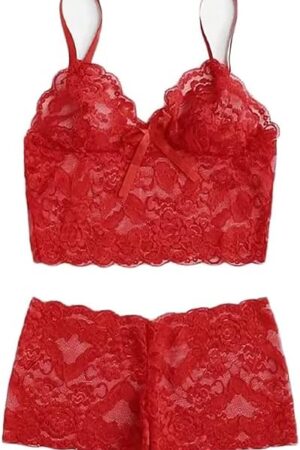 Women Sexy Lace Pajamas 2 Piece Lingerie Set High Waist Sleepwear Sheer Bra and Panty Babydoll Outfits Bralette Set