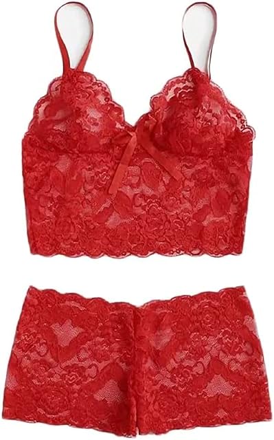 Women Sexy Lace Pajamas 2 Piece Lingerie Set High Waist Sleepwear Sheer Bra and Panty Babydoll Outfits Bralette Set