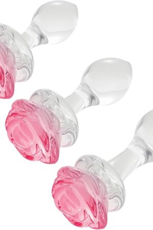 3-Piece Rose and Droplet Shaped Glass Anal Plug Set, Crystal Butt Plugs, Anal Stimulation Trainer, Anus Expander Training Sex Toys Anal Masturbation Plug for Adult Men Women Gay and Couples