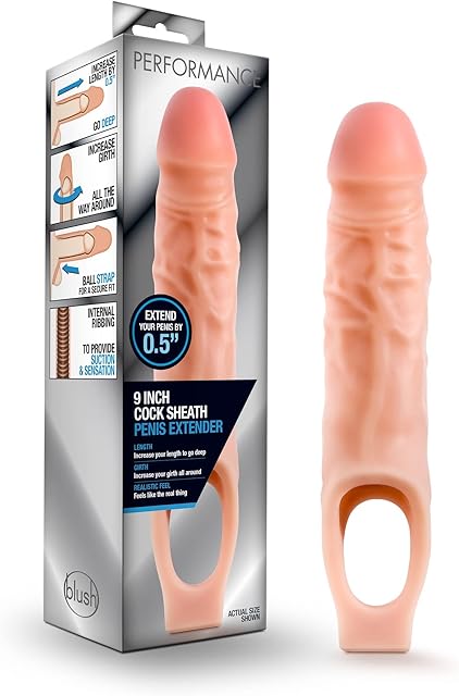 Blush Novelties, Performance - Ultra Soft X5 Plus 9 Inch Penis Sheath Extender - Extend Your Penis 0.5" - Thicken Up to 1.5"- Realistic Textured Cock Sleeve - Girth Enhancer Sex Toy for Men - Beige