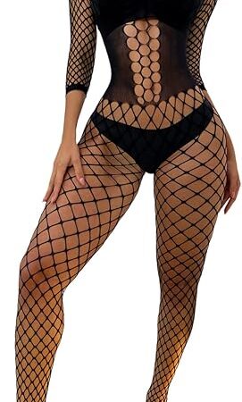Women Mesh Bodystocking Fishnet Sexy Lingerie Long Sleeve Bodysuit One Piece Babydoll Underwear Nightwear