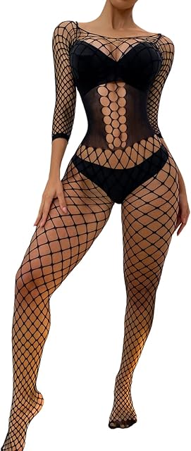 Women Mesh Bodystocking Fishnet Sexy Lingerie Long Sleeve Bodysuit One Piece Babydoll Underwear Nightwear
