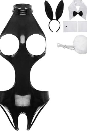 Women's Sexy Bunny Girl Cosplay Costume Wetlook Cutout Bodysuit Naughty Rabbit Lingerie Set