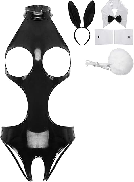 Women's Sexy Bunny Girl Cosplay Costume Wetlook Cutout Bodysuit Naughty Rabbit Lingerie Set