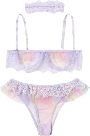 Women's 3 Pieces Lace Mesh Ruffle Trim Lingerie Set with Choker Purple M