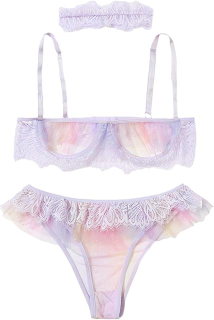 Women's 3 Pieces Lace Mesh Ruffle Trim Lingerie Set with Choker Purple M