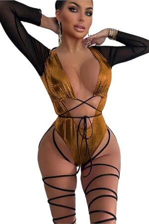 Women Rave Snakeskin Front Buckle Sheer Swimsuit Cut Out Bodysuit Clubwear