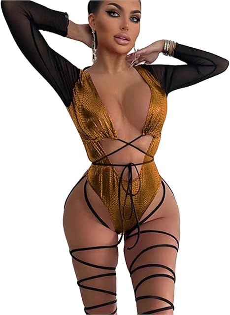 Women Rave Snakeskin Front Buckle Sheer Swimsuit Cut Out Bodysuit Clubwear