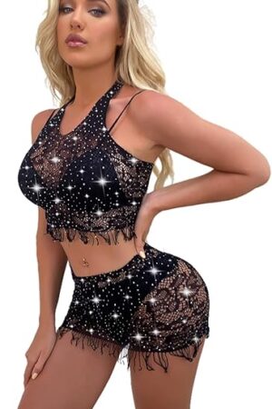Women Lingerie Tassel Fishnet Set Chemise Babydolls Mini Dress Bodysuit Sparkle Rhinestone Sexy Teddy