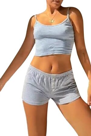 Women Y2K 2 Piece Short Set Sleeveless Lingerie Sling Cami Top +Shorts Pajamas Sets Sleepwear
