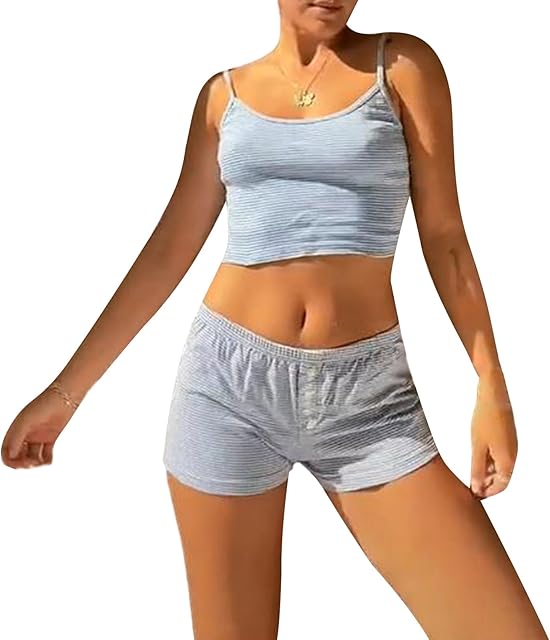 Women Y2K 2 Piece Short Set Sleeveless Lingerie Sling Cami Top +Shorts Pajamas Sets Sleepwear