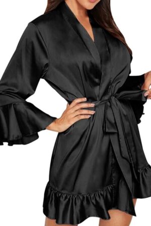 Womens Robe Sexy Satin Lingerie Nightwear Pajamas Sleepwear Underwear Nightgown Kimono Robe Strap Chemise Nightwear
