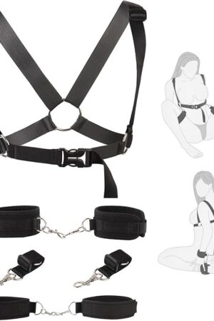 BDSM Bondage Sex Restraints Kit, 4 in 1 Wrist/Ankle Cuffs with Thigh Sling Breast Belt, Adjustable Straps Reversible Slave Handcuffs Harness Fetish Restraints Bed SM Game Toys for Adults Couples