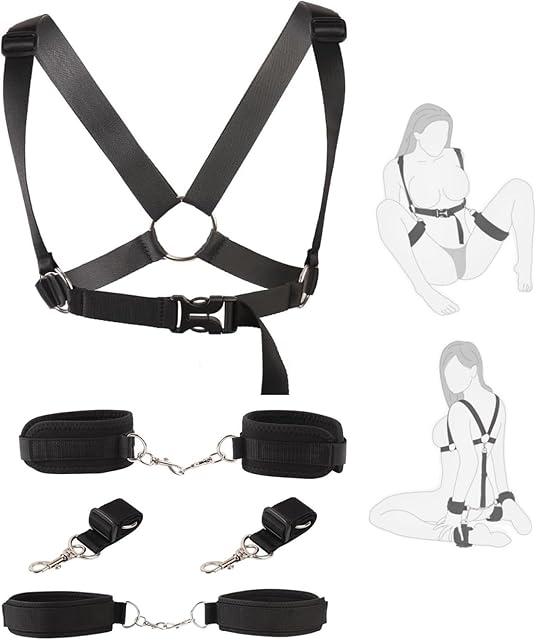 BDSM Bondage Sex Restraints Kit, 4 in 1 Wrist/Ankle Cuffs with Thigh Sling Breast Belt, Adjustable Straps Reversible Slave Handcuffs Harness Fetish Restraints Bed SM Game Toys for Adults Couples