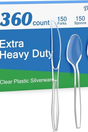360 Count Extra Heavy Duty Clear Plastic Silverware, 150 Forks, 150 Spoons, 60 Knives, BPA-Free, Heat Resistant, Disposable Plastic Utensils Set, Plastic Cutlery Set, Plasticware Bulk