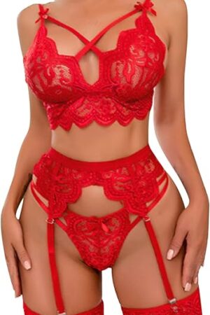 Women Lingerie with Garter Belts Lace Bra and Panty Set High Waisted Lingerie Set Scalloped-Trim Mesh Teddy Babydoll
