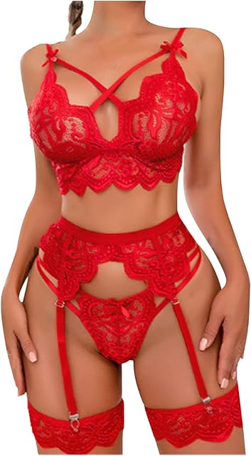 Women Lingerie with Garter Belts Lace Bra and Panty Set High Waisted Lingerie Set Scalloped-Trim Mesh Teddy Babydoll