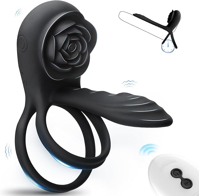 Vibrating Cock Ring Penis Sleeve, Prostate Massage Silicone Penis Ring with Rose Clitoral Vibrator Couples Adult Sex Toys Sex Toy with G Spot Clitoris Vibrator for Men Female Couple Pleasure