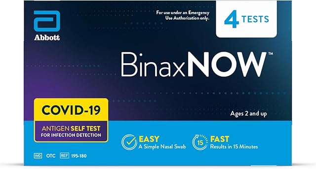 BinaxNOW COVID-19 Antigen Self Test, 1 Pack, 4 Tests Total, COVID Test With 15-Minute Results Without Sending to a Lab, Easy to Use at Home
