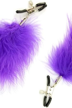 BDSM Feather Nipple Clamps - Men Women Couples Sex Toy - Kinky Bondage Play - Used for Clamp or Tickler -Dominant & Submissive - Adjustable Pressure - Purple