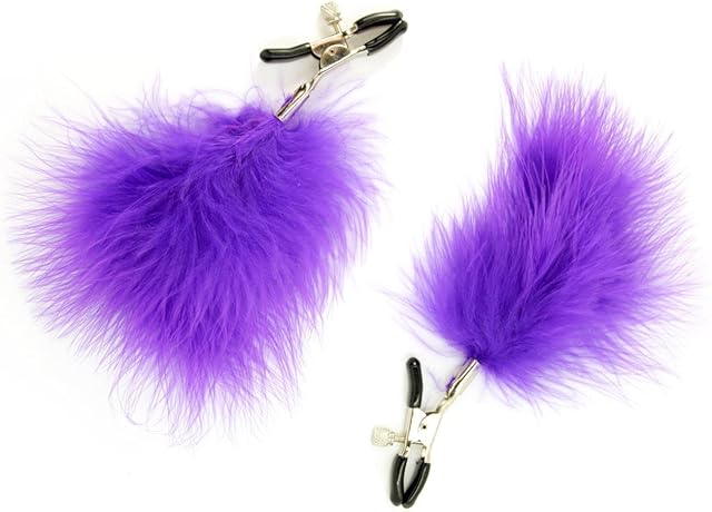 BDSM Feather Nipple Clamps - Men Women Couples Sex Toy - Kinky Bondage Play - Used for Clamp or Tickler -Dominant & Submissive - Adjustable Pressure - Purple