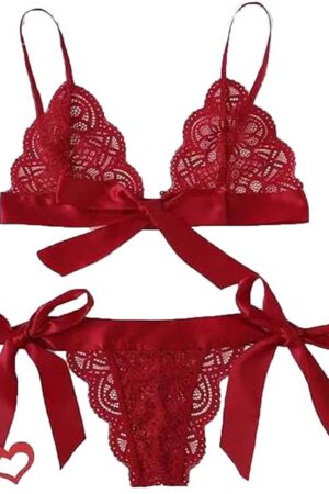Women Bow Tie Sexy Lingerie Set Lace Bra And Panty Sets 2 Piece Strappy Babydoll Valentine'S Day Lingerie Bodysuit