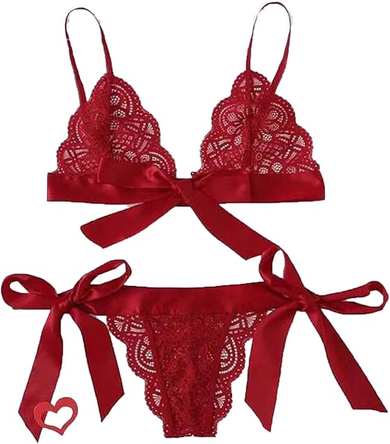 Women Bow Tie Sexy Lingerie Set Lace Bra And Panty Sets 2 Piece Strappy Babydoll Valentine'S Day Lingerie Bodysuit