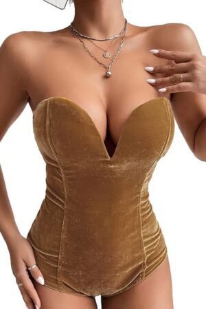 Women Strapless Velvet Bodysuit Back Lace Up Jumpsuit,Sexy Bodysuit Top Playboy Bunny Halloween Costume