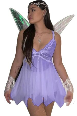 Women Sexy Fairy Costume with Wings Halloween Sheer Mesh Babydoll Dress Cosplay Outfits for Lingerie Party