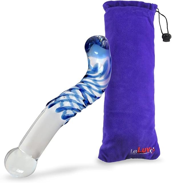 LeLuv Dildo Small Blue Swirled Glass G-Spot and Prostate Tickler Hook with Premium Padded Pouch