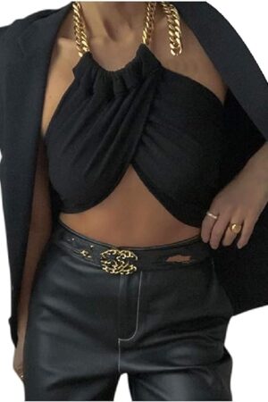 Women Sexy Crop Top Metal Chain Halter Wrap Cropped Tube Top Camisole for Club Party Festival