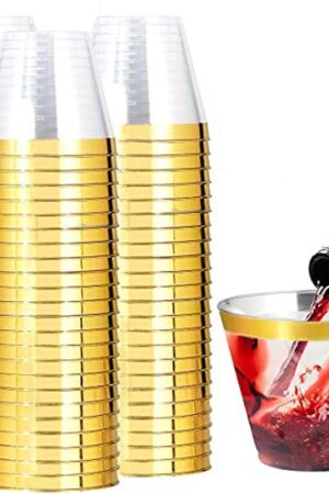I00000 200 Pack Gold Plastic Cups, 9 Oz Elegant Clear Plastic Cups Gold Rimmed Disposable Wine Glasses Fancy Disposable Party Cup Wedding Cup Drinking Tumblers Cocktail Glasses Perfect for Party