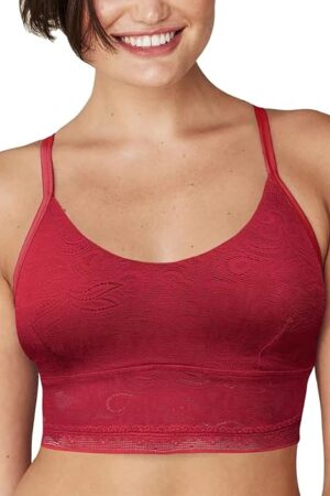 All-Over Lace Longline Wirefree Crop Tank Top Style Bralette Sexy Underwear for Women, Spice Market Red, Medium