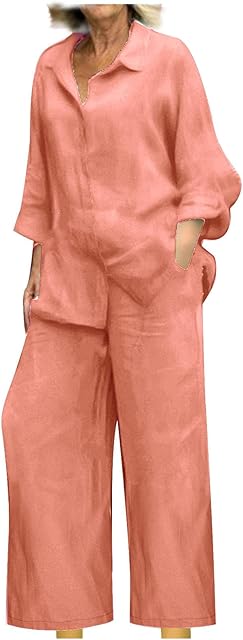Womens 2 Piece Cotton Linen Sets Plus Size Lounge Outfits Long Sleeve Button Up Shirts Wide Leg Pants with Pockets