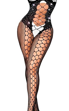 Women's Bodystocking Lingerie, Rhinestone Hollow Out Fishnet Jumpsuit Exotic Dancewear, Sexy Mesh Club Rave Outfits