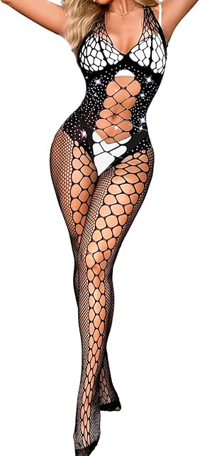 Women's Bodystocking Lingerie, Rhinestone Hollow Out Fishnet Jumpsuit Exotic Dancewear, Sexy Mesh Club Rave Outfits
