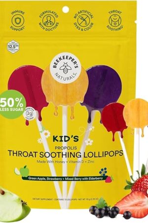 Kids Throat Soothing Lollipops by Beekeeper's Naturals - Doctor Formulated Immune Support, Vitamin D & Honey, Under 2g Sugar, Clean Ingredients,15 ct