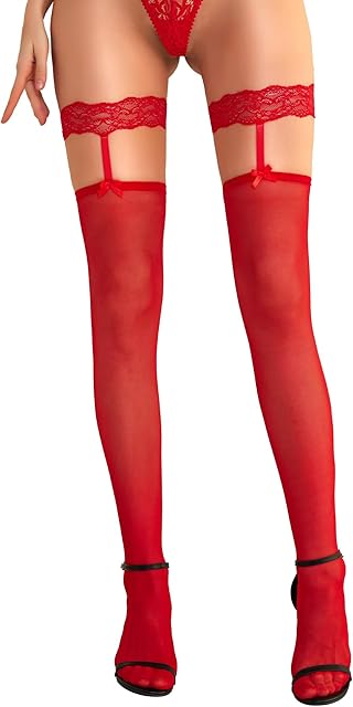 Women's Thigh High Stockings - Silicone Lace Top Sheer Stocking Sexy Bow Suspenders Pantyhose