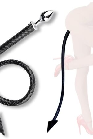 Anal Plug with 108cm Devil Tail, 3.5cm Stainless Steel Butt Plug with PU Leather Whip Tail 2 in 1 Sexy Buttplug Tail Sex Toys Flirt for Women Men Adult Couples Play