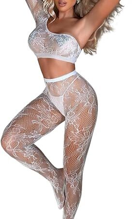 Women Sexy Lingerie, Sheer Mesh Fishnet Bodysuit Rave Club, 2 Piece Body Stockings Exotic Dancer Outfits, Fits 0-14