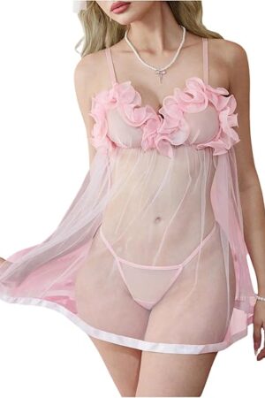 Women's Babydoll Lingerie Floral Appliques Sheer Chemise with Thongs See Through Sleepwear
