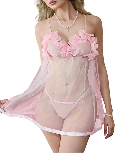Women's Babydoll Lingerie Floral Appliques Sheer Chemise with Thongs See Through Sleepwear