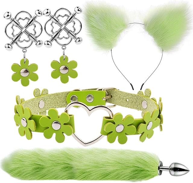 Faux Fur Anal Plug Tail Fox Animal Costume Set Furry Ear Headband Anal Plush Neck Collar Nipple Clip Fox Cosplay