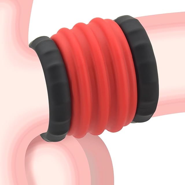 Double Penis Ring for Men - Black + Red Silicone Cock Ring for Harder Longer Stronger Erections - Erection Enhancing Sex Toy