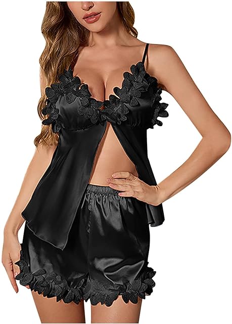 Women 2 Piece Slik Pajama Set Summer Causal Satin Loungewear Set Sexy Petal Ruffled V Neck Slit Hem Camisole Shorts
