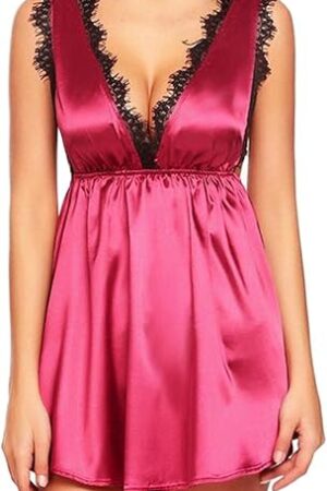 Women Chemise Night Gown Lace Trim Stain Sleepwear V-Neck Full Slip Babydoll Lingerie Sexy Sleeveless Nightgowns