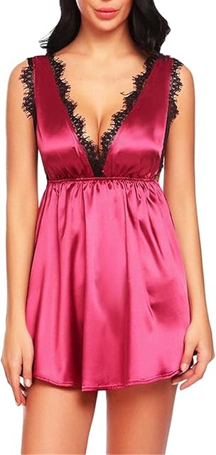 Women Chemise Night Gown Lace Trim Stain Sleepwear V-Neck Full Slip Babydoll Lingerie Sexy Sleeveless Nightgowns