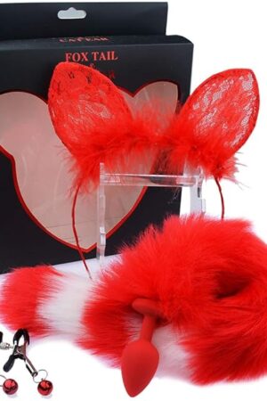 3 Pcs Set Silicone Red Fox Tail Anal PlugsAdult Soft Cat Ears Cosplay G-spot Papilla Chest Stimulation Masturbator Tease Orgasm Sex Toy for Women Female Men Male Unisex